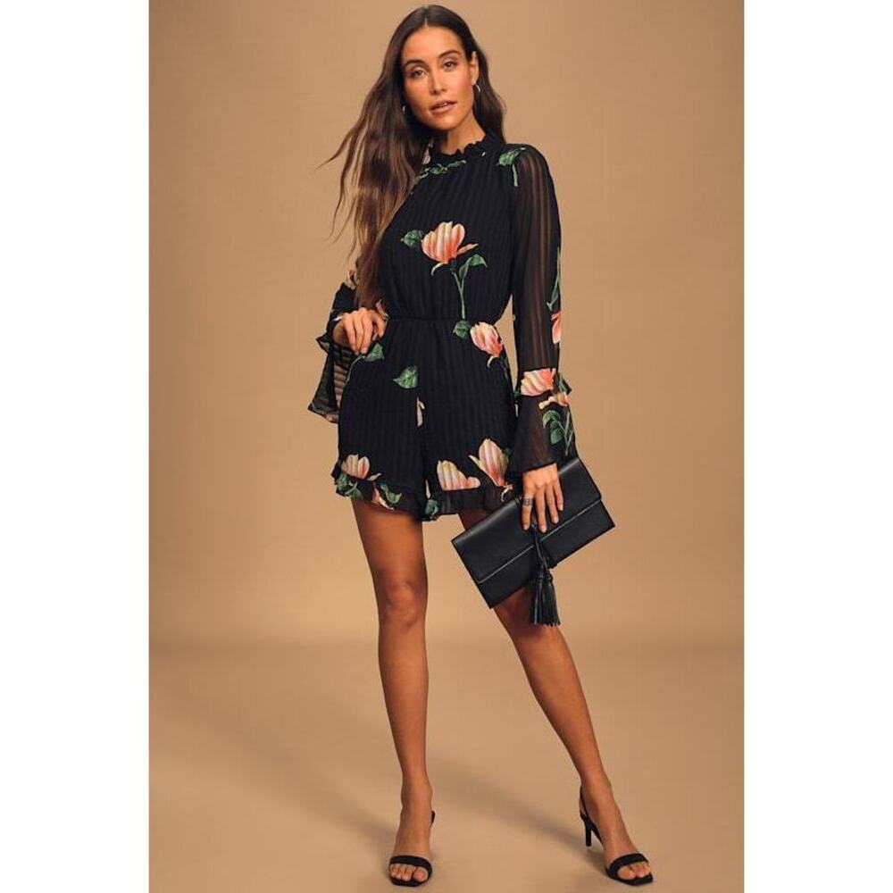Lulus Talking Sweet Black Floral Print Long Sleeve Cutout Romper - Size S